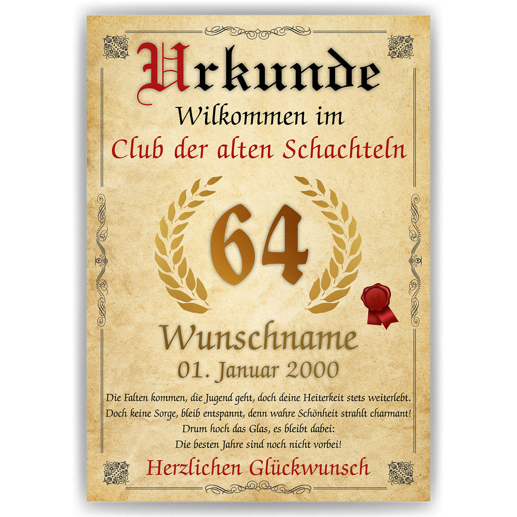 64. Geburtstag Urkunde personalisiert ALTE SCHACHTEL Geschenk Frau Geburtstagskarte Deko Bild