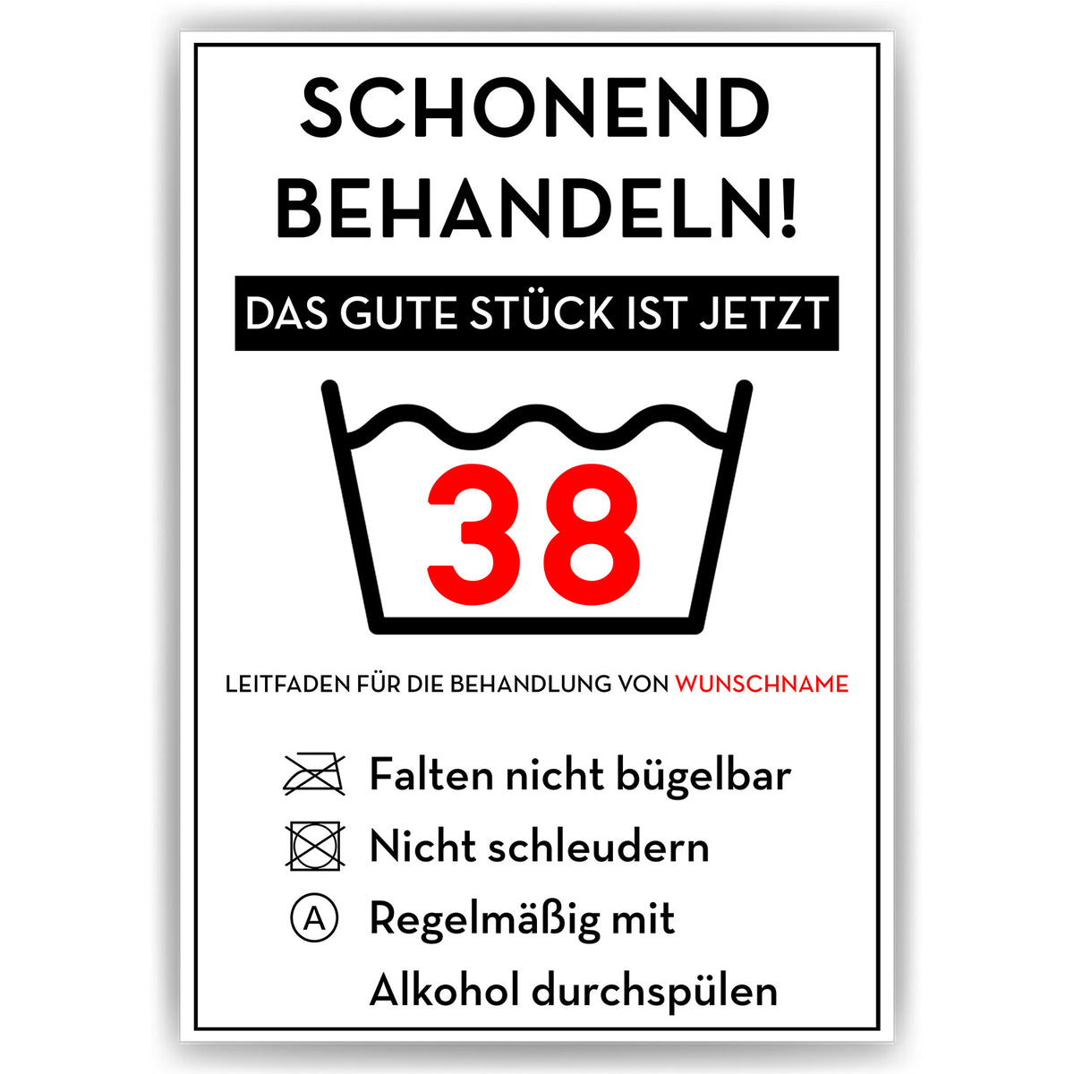 Schonend behandeln 38 Poster – lustiges Geschenk zum 38. Geburtstag, personalisiert mit Name