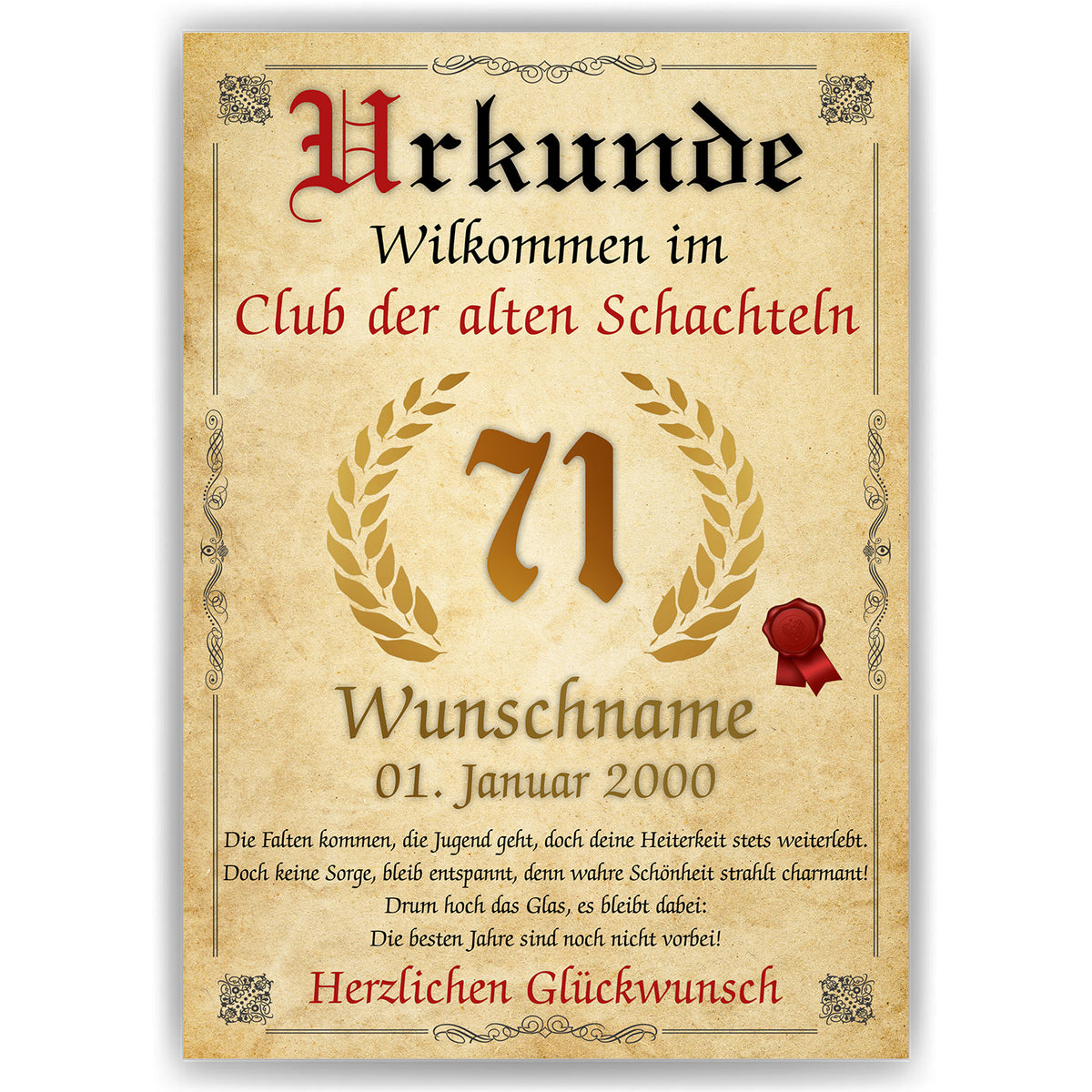 71. Geburtstag Urkunde personalisiert ALTE SCHACHTEL Geschenk Frau Geburtstagskarte Deko Bild