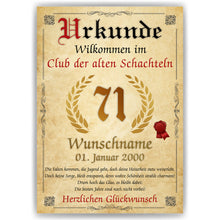 Laden Sie das Bild in den Galerie-Viewer, 71. Geburtstag Urkunde personalisiert ALTE SCHACHTEL Geschenk Frau Geburtstagskarte Deko Bild
