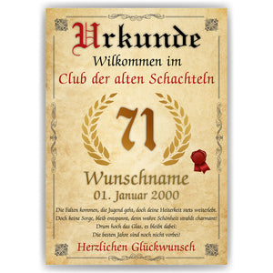 71. Geburtstag Urkunde personalisiert ALTE SCHACHTEL Geschenk Frau Geburtstagskarte Deko Bild