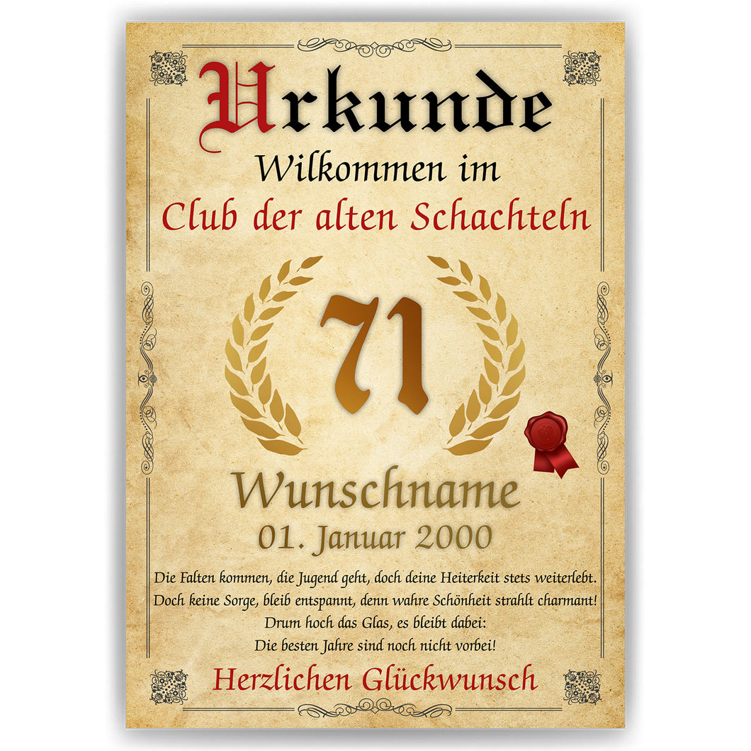 71. Geburtstag Urkunde personalisiert ALTE SCHACHTEL Geschenk Frau Geburtstagskarte Deko Bild