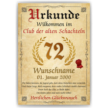Laden Sie das Bild in den Galerie-Viewer, 72. Geburtstag Urkunde personalisiert ALTE SCHACHTEL Geschenk Frau Geburtstagskarte Deko Bild
