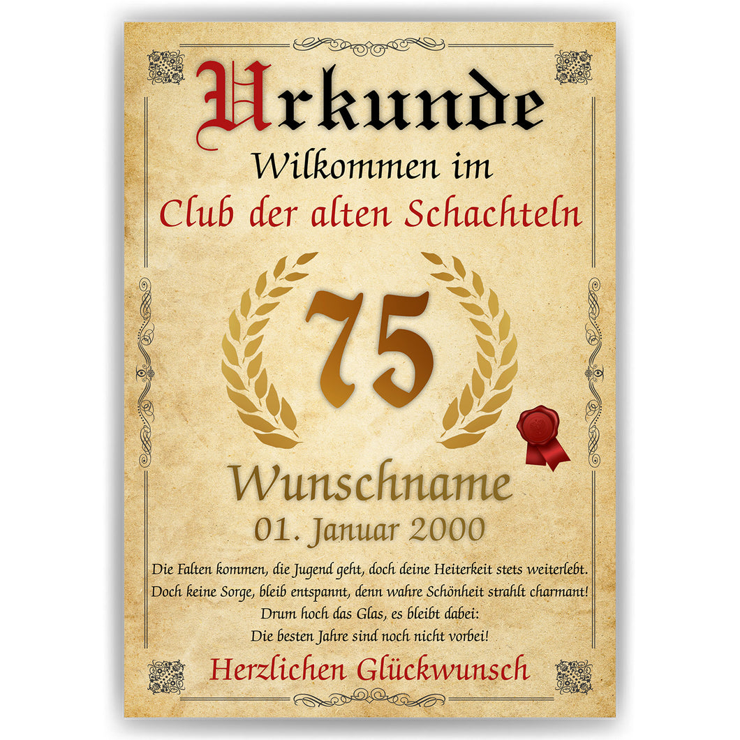 75. Geburtstag Urkunde personalisiert ALTE SCHACHTEL Geschenk Frau Geburtstagskarte Deko Bild