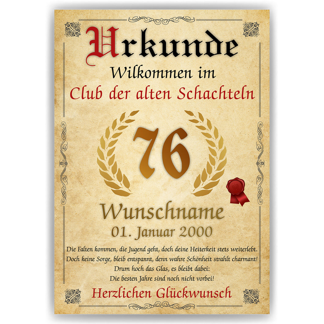 76. Geburtstag Urkunde personalisiert ALTE SCHACHTEL Geschenk Frau Geburtstagskarte Deko Bild