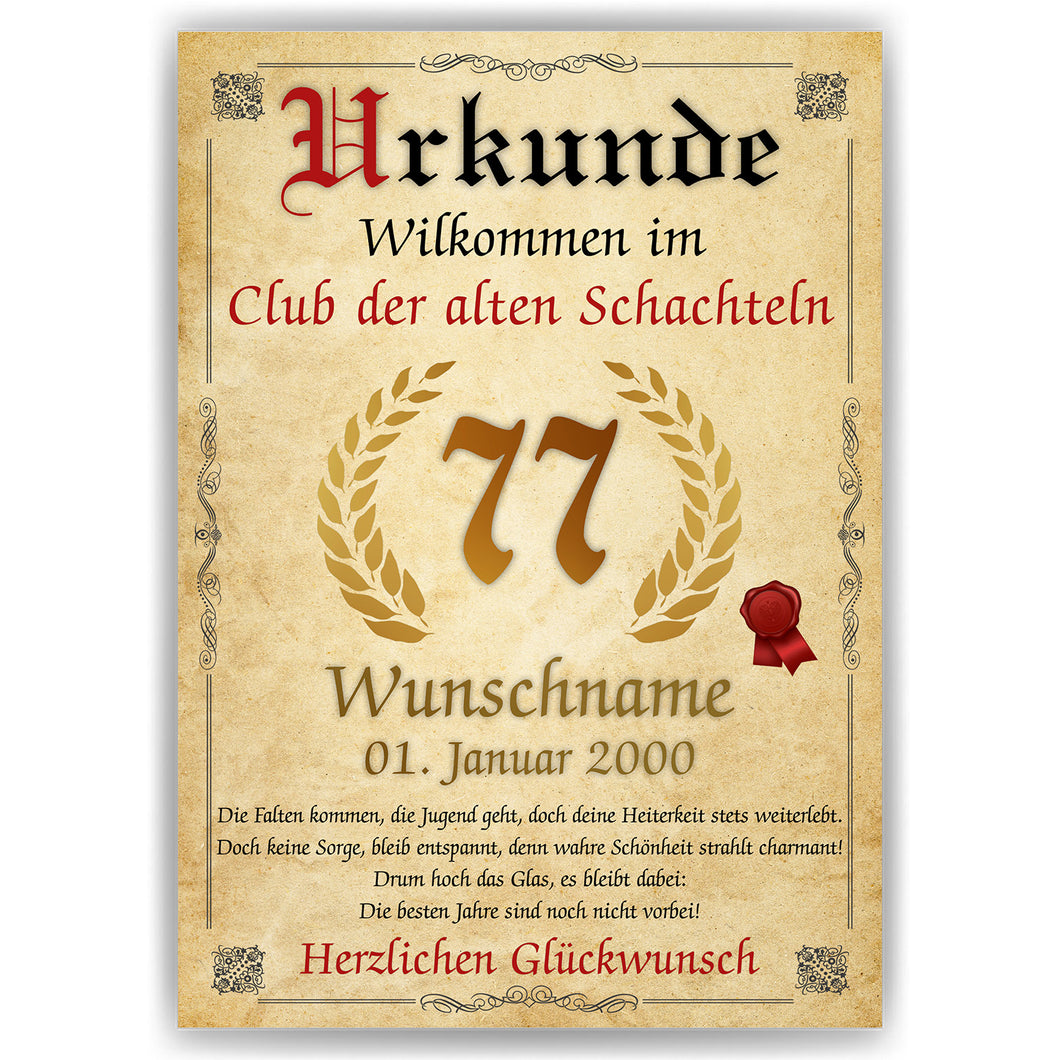 77. Geburtstag Urkunde personalisiert ALTE SCHACHTEL Geschenk Frau Geburtstagskarte Deko Bild