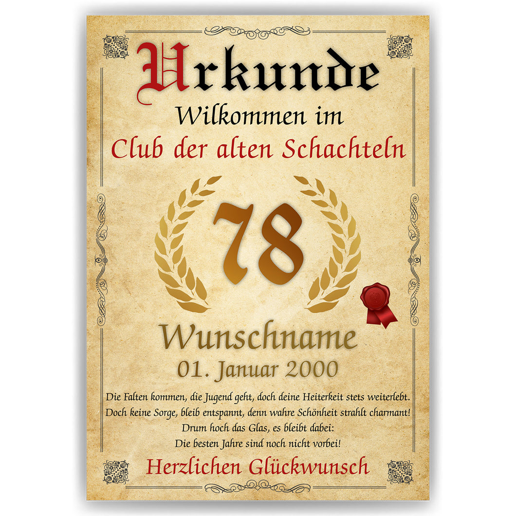 78. Geburtstag Urkunde personalisiert ALTE SCHACHTEL Geschenk Frau Geburtstagskarte Deko Bild