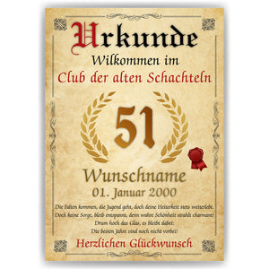 51. Geburtstag Urkunde personalisiert ALTE SCHACHTEL Geschenk Frau Geburtstagskarte Deko Bild