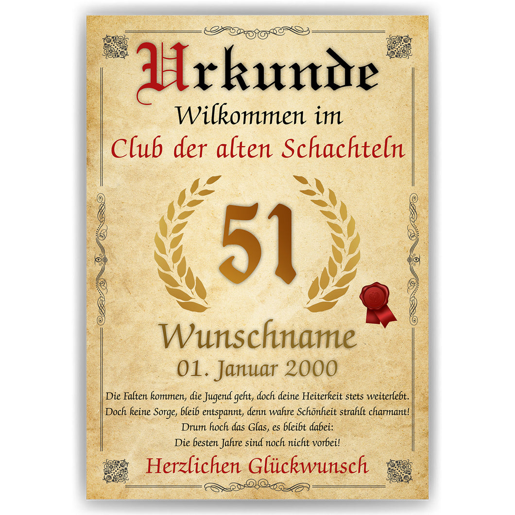 51. Geburtstag Urkunde personalisiert ALTE SCHACHTEL Geschenk Frau Geburtstagskarte Deko Bild