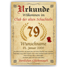 Laden Sie das Bild in den Galerie-Viewer, 79. Geburtstag Urkunde personalisiert ALTE SCHACHTEL Geschenk Frau Geburtstagskarte Deko Bild
