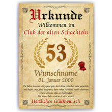 Laden Sie das Bild in den Galerie-Viewer, 53. Geburtstag Urkunde personalisiert ALTE SCHACHTEL Geschenk Frau Geburtstagskarte Deko Bild
