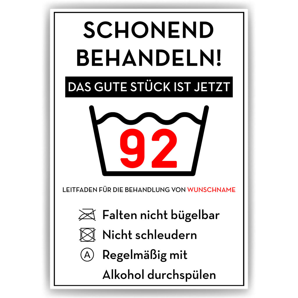 Personalisiertes Geschenk zum 92. Geburtstag Frau Mann Wäsche Lustige Geschenkidee 92 Jahre Geburtstagskarte Witzige Party Deko