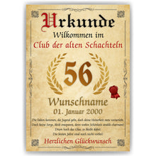 Laden Sie das Bild in den Galerie-Viewer, 56. Geburtstag Urkunde personalisiert ALTE SCHACHTEL Geschenk Frau Geburtstagskarte Deko Bild
