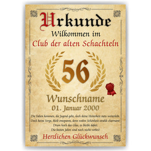 56. Geburtstag Urkunde personalisiert ALTE SCHACHTEL Geschenk Frau Geburtstagskarte Deko Bild