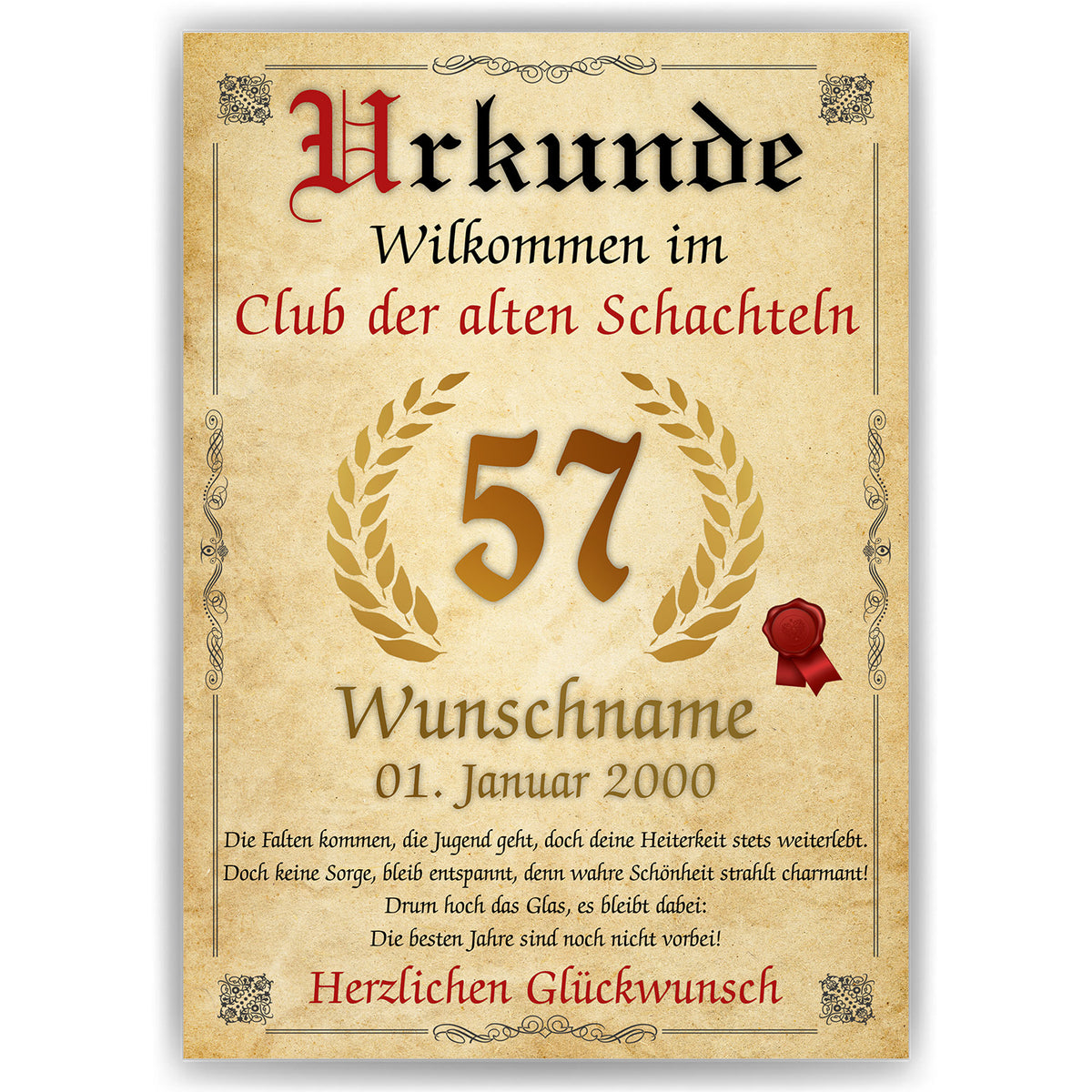 57. Geburtstag Urkunde personalisiert ALTE SCHACHTEL Geschenk Frau Geburtstagskarte Deko Bild