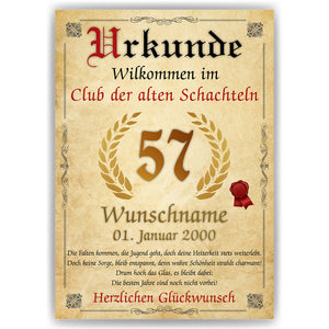 57. Geburtstag Urkunde personalisiert ALTE SCHACHTEL Geschenk Frau Geburtstagskarte Deko Bild