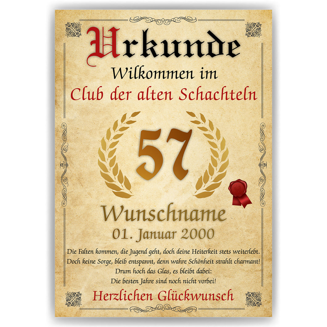 57. Geburtstag Urkunde personalisiert ALTE SCHACHTEL Geschenk Frau Geburtstagskarte Deko Bild