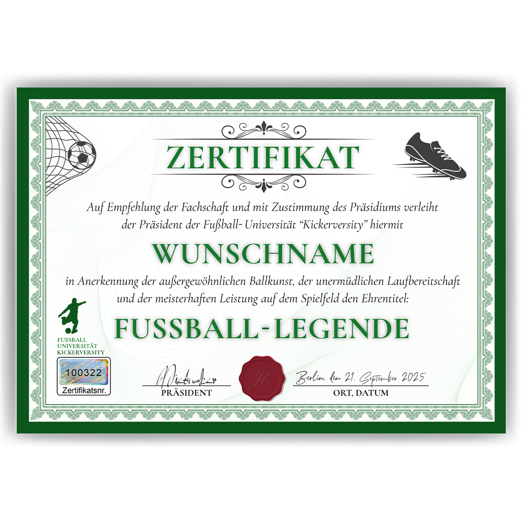 Fußball Urkunde personalisiert – Lustiges Geschenk für Fußballspieler Fußballer Geschenkidee Auszeichnung Turnier Fußball Deko