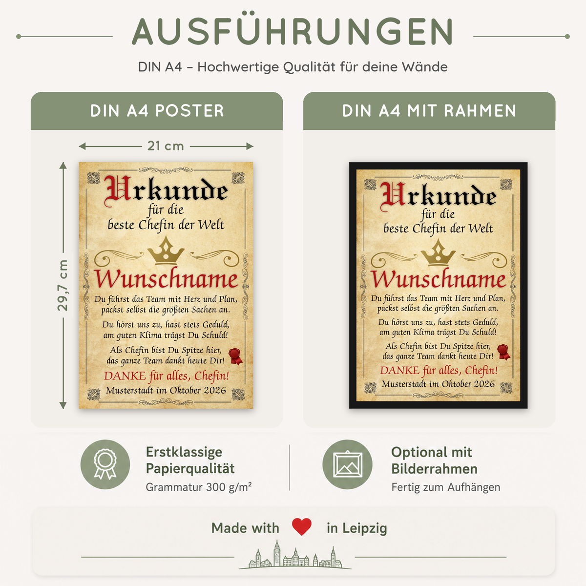 Ausführungen Urkunde beste Chefin: DIN A4, ohne oder mit schwarzem Bilderrahmen, auf 300 g/m² Papier