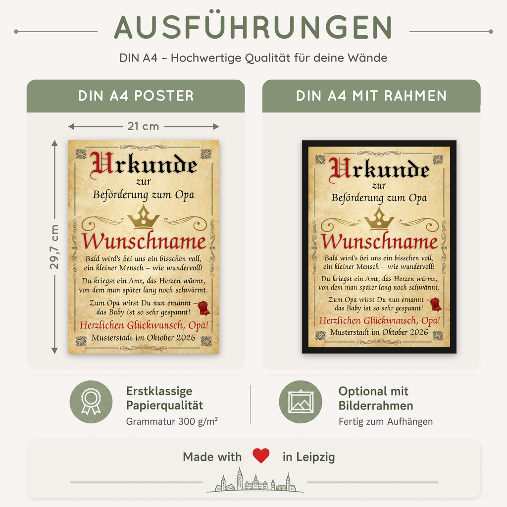 Ausführungen Urkunde Beförderung zum Opa: DIN A4, ohne oder mit schwarzem Bilderrahmen, auf 300 g/m² Papier