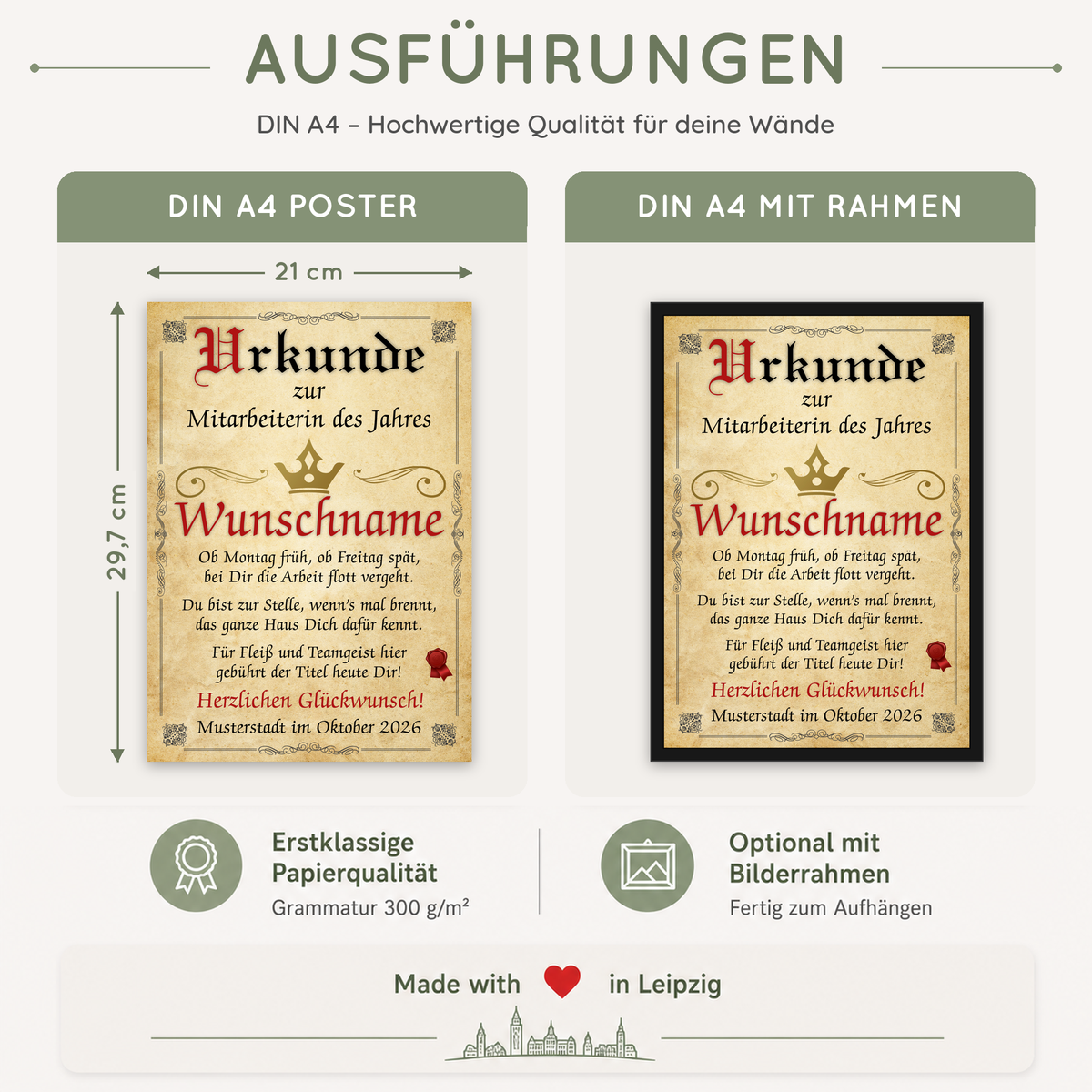 Ausführungen Urkunde Mitarbeiterin des Jahres: DIN A4, ohne oder mit schwarzem Bilderrahmen, auf 300 g/m² Papier