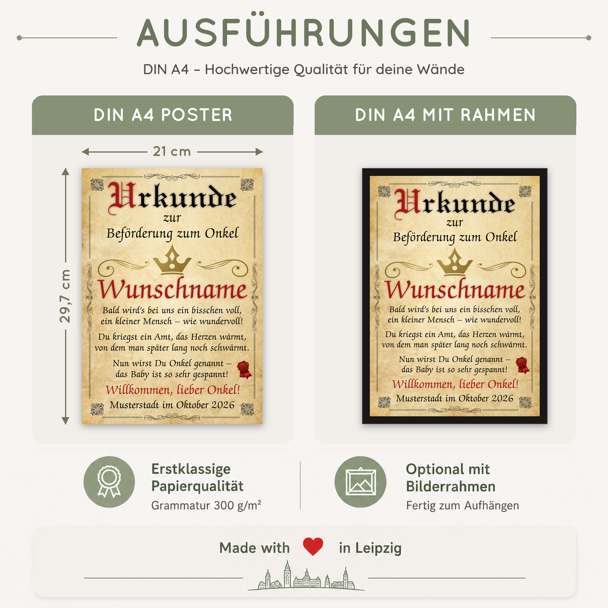 Ausführungen Urkunde Beförderung zum Onkel: DIN A4, ohne oder mit schwarzem Bilderrahmen, auf 300 g/m² Papier