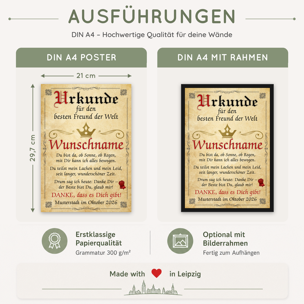 Ausführungen Urkunde bester Freund: DIN A4, ohne oder mit schwarzem Bilderrahmen, auf 300 g/m² Papier