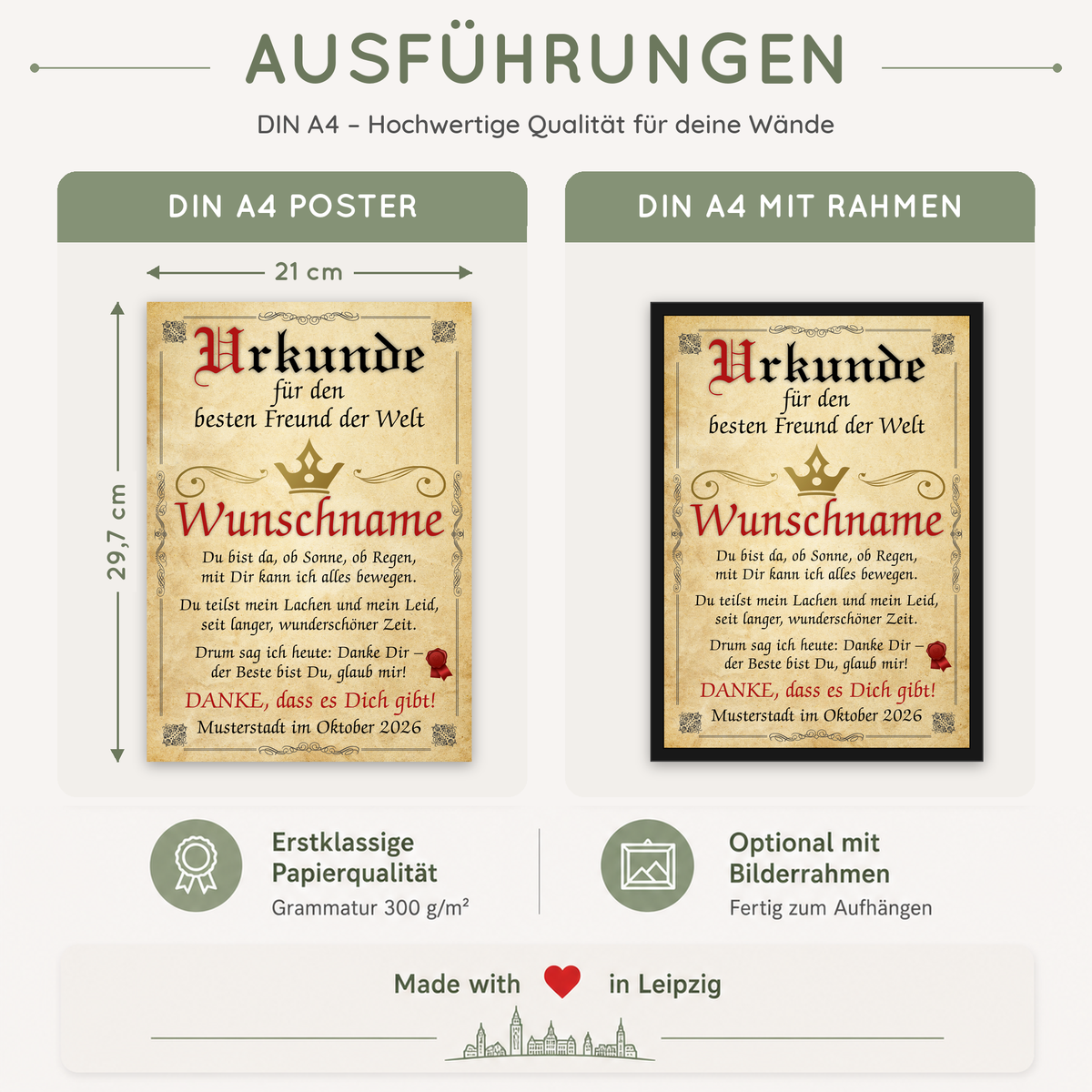 Ausführungen Urkunde bester Freund: DIN A4, ohne oder mit schwarzem Bilderrahmen, auf 300 g/m² Papier