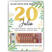 Laden Sie das Bild in den Galerie-Viewer, Personalisiertes Geldgeschenk zum 20. Geburtstag Geld Geschenkidee personalisierbar Geburtstagskarte
