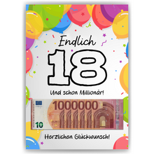 Laden Sie das Bild in den Galerie-Viewer, Geldgeschenk zum 18. Geburtstag Jungen &amp; Mädchen | Deine erste Million | Lustiges Geburtstagsgeschenk Witzige Geschenkidee Geld kreativ verschenken Sohn Tochter 18 Jahre Geschenk
