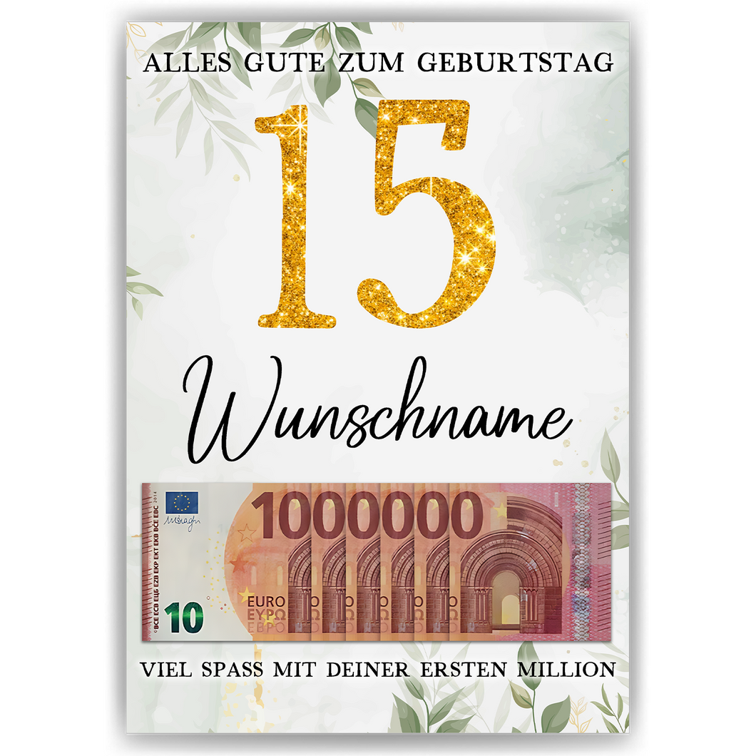 Personalisiertes Geldgeschenk zum 15. Geburtstag Frauen Männer Geburtstagsgeschenk Geld Geschenkidee personalisierbar