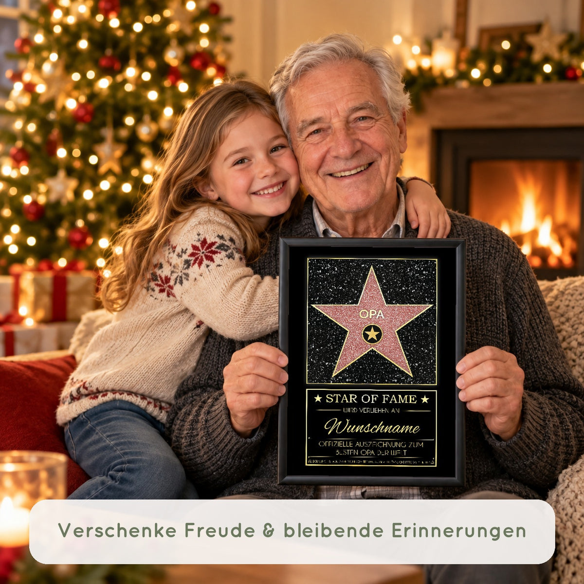 Familienmoment an Weihnachten mit dem gerahmten Opa Star of Fame Bild