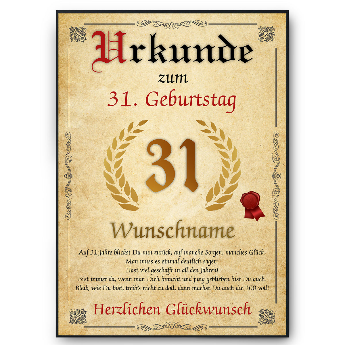 Urkunde zum 31. Geburtstag mit Name – personalisierte Geburtstagsurkunde, Jahrgang 1995