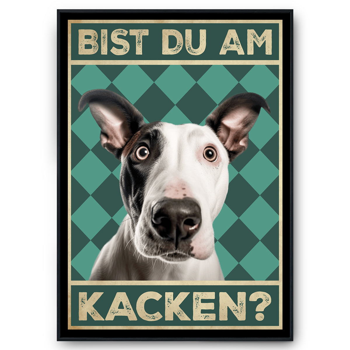 Bullterrier - Bist du am Kacken? Hunde Poster Badezimmer Gästebad Wandbild Klo Toilette Dekoration Lustiges Gäste-WC Bild DIN A4
