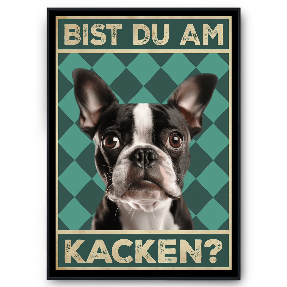 Boston Terrier - Bist du am Kacken? Hunde Poster Badezimmer Gästebad Wandbild Klo Toilette Dekoration Lustiges Gäste-WC Bild DIN A4