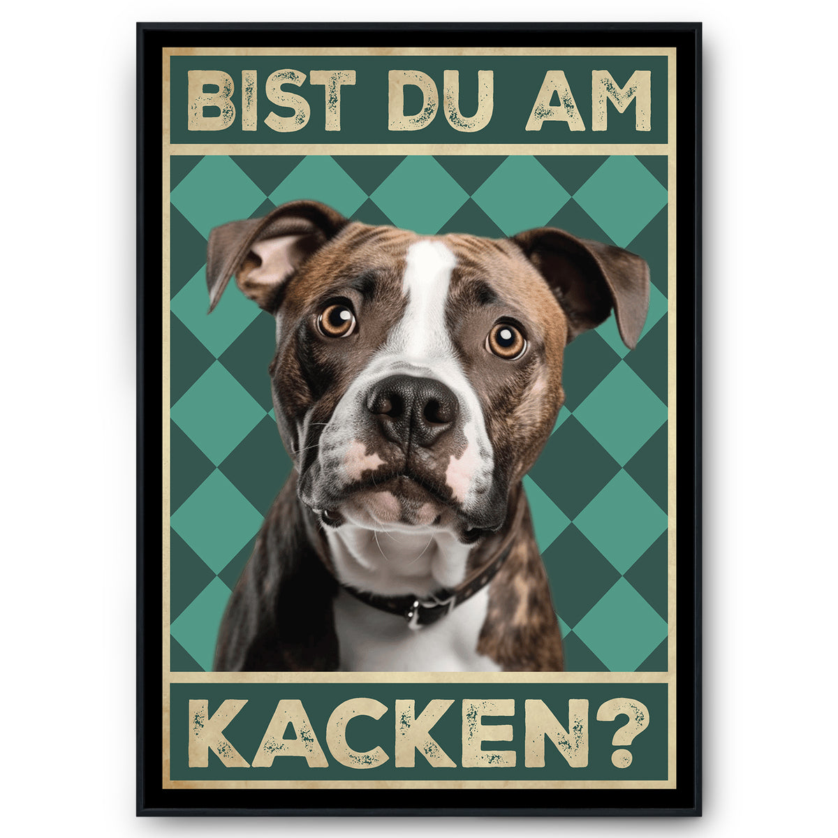 American Staffordshire Terrier - Bist du am Kacken? Hunde Poster Badezimmer Gästebad Wandbild Klo Toilette Dekoration Lustiges Gäste-WC Bild DIN A4