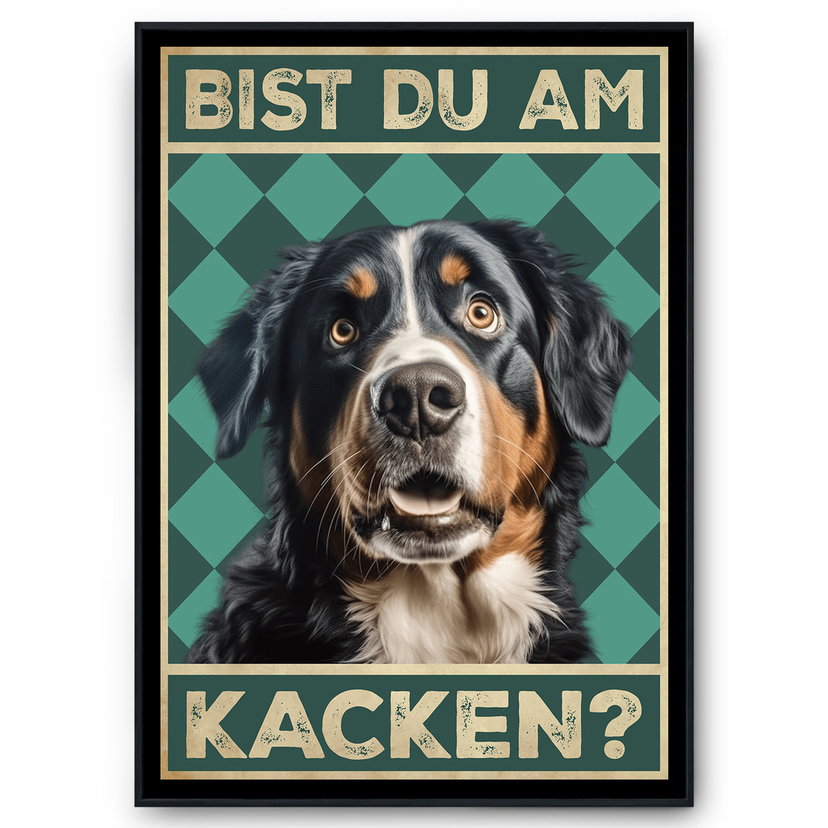 Berner Sennenhund - Bist du am Kacken? Hunde Poster Badezimmer Gästebad Wandbild Klo Toilette Dekoration Lustiges Gäste-WC Bild DIN A4