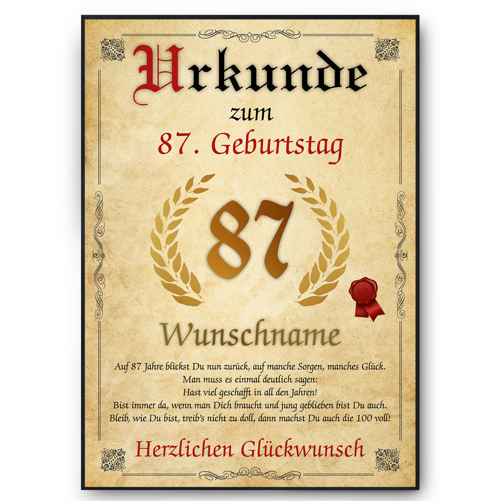Urkunde zum 87. Geburtstag mit Name – personalisierte Geburtstagsurkunde, Jahrgang 1939