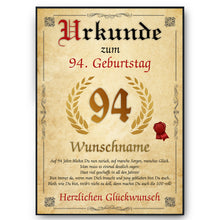 Laden Sie das Bild in den Galerie-Viewer, Urkunde zum 94. Geburtstag personalisiertes Geschenk Jahrgang 1930 Geburtstagsurkunde 94 Jahre Geburtstagsgeschenk
