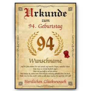 Urkunde zum 94. Geburtstag personalisiertes Geschenk Jahrgang 1930 Geburtstagsurkunde 94 Jahre Geburtstagsgeschenk