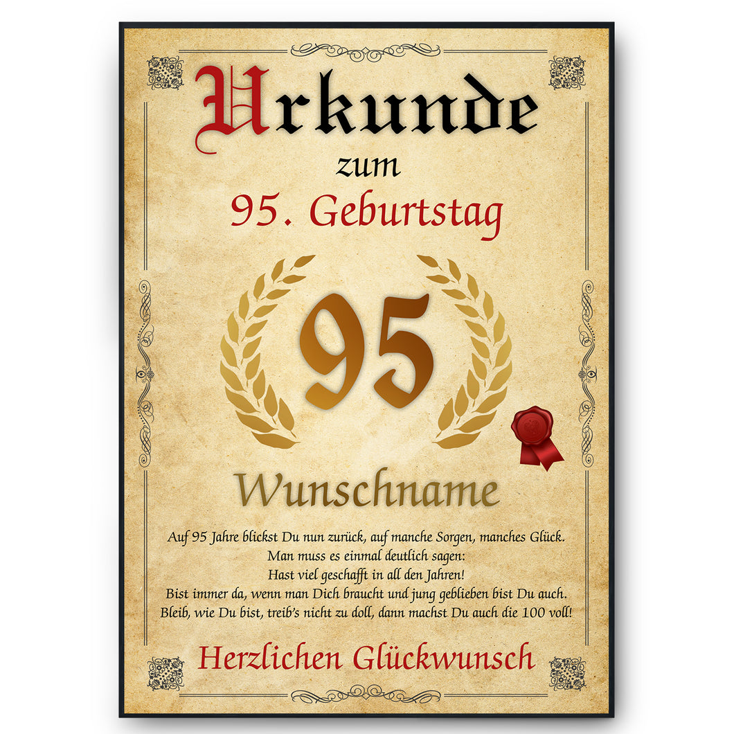 Urkunde zum 95. Geburtstag personalisiertes Geschenk Jahrgang 1929 Geburtstagsurkunde 95 Jahre Geburtstagsgeschenk