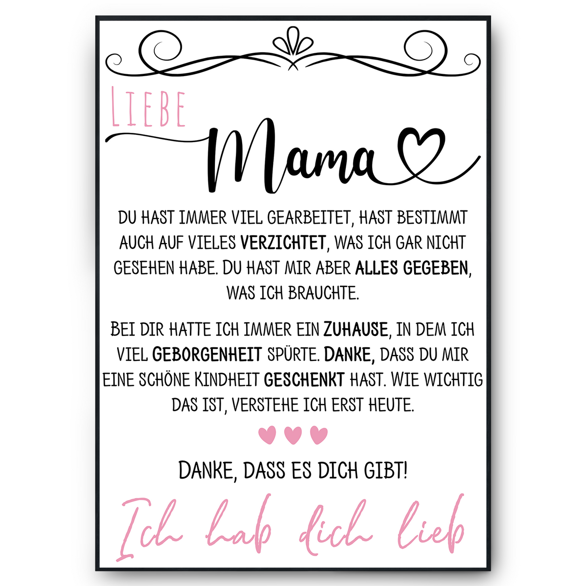 Liebe Mama Danke Poster Kunstdruck DIN A4 Danksagung Muttertag Geschenk Dankeschön Beste Mutter Wandbild Mama Geburtstag Weihnachten