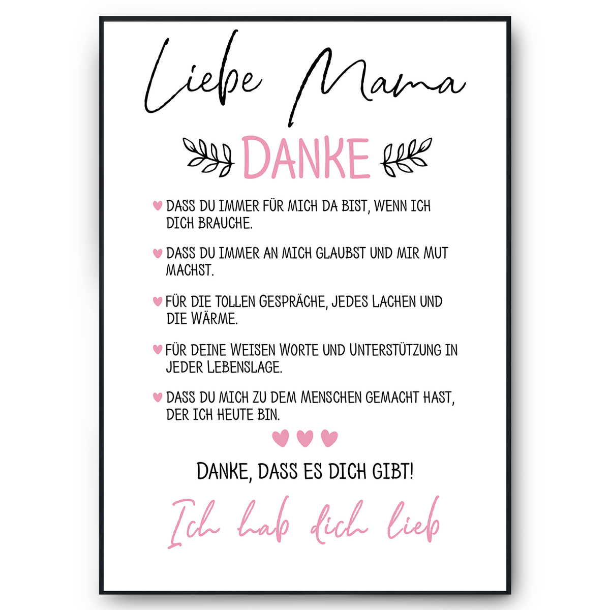 Danke Mama Bild DIN A4 Poster Kunstdruck personalisierbar Muttertag Geschenk Danksagung Beste Mutter Wandbild