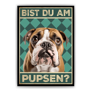 Englische Bulldogge - Bist du am Pupsen? Hunde Poster Badezimmer Gästebad Wandbild Klo Toilette Dekoration Lustiges Gäste-WC Bild DIN A4