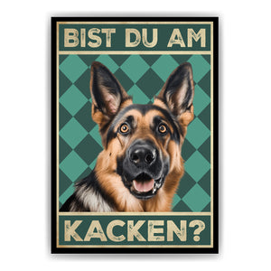Deutscher Schäferhund - Bist du am Kacken? Hunde Poster Badezimmer Gästebad Wandbild Klo Toilette Dekoration Lustiges Gäste-WC Bild DIN A4