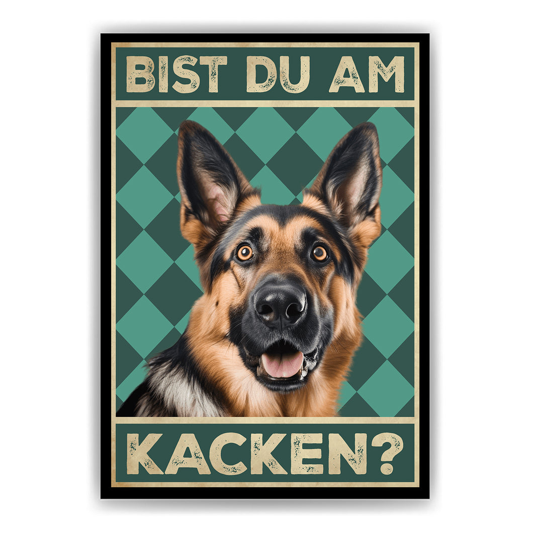Deutscher Schäferhund - Bist du am Kacken? Hunde Poster Badezimmer Gästebad Wandbild Klo Toilette Dekoration Lustiges Gäste-WC Bild DIN A4