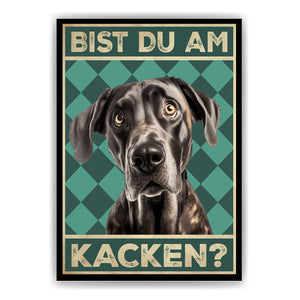 Deutsche Dogge - Bist du am Kacken? Hunde Poster Badezimmer Gästebad Wandbild Klo Toilette Dekoration Lustiges Gäste-WC Bild DIN A4