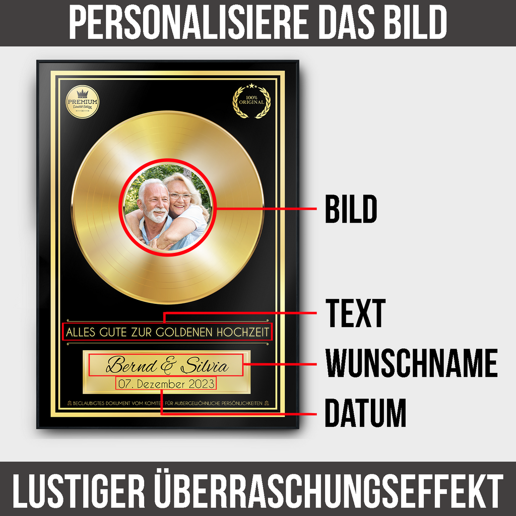 Goldene Schallplatte personalisiert inkl. Bilderrahmen Poster Druck | Geburtstag Geschenkidee zur Goldenen Hochzeit Musiker Anerkennung Wertschätzung Frauen Männer personalisiertes Geschenk