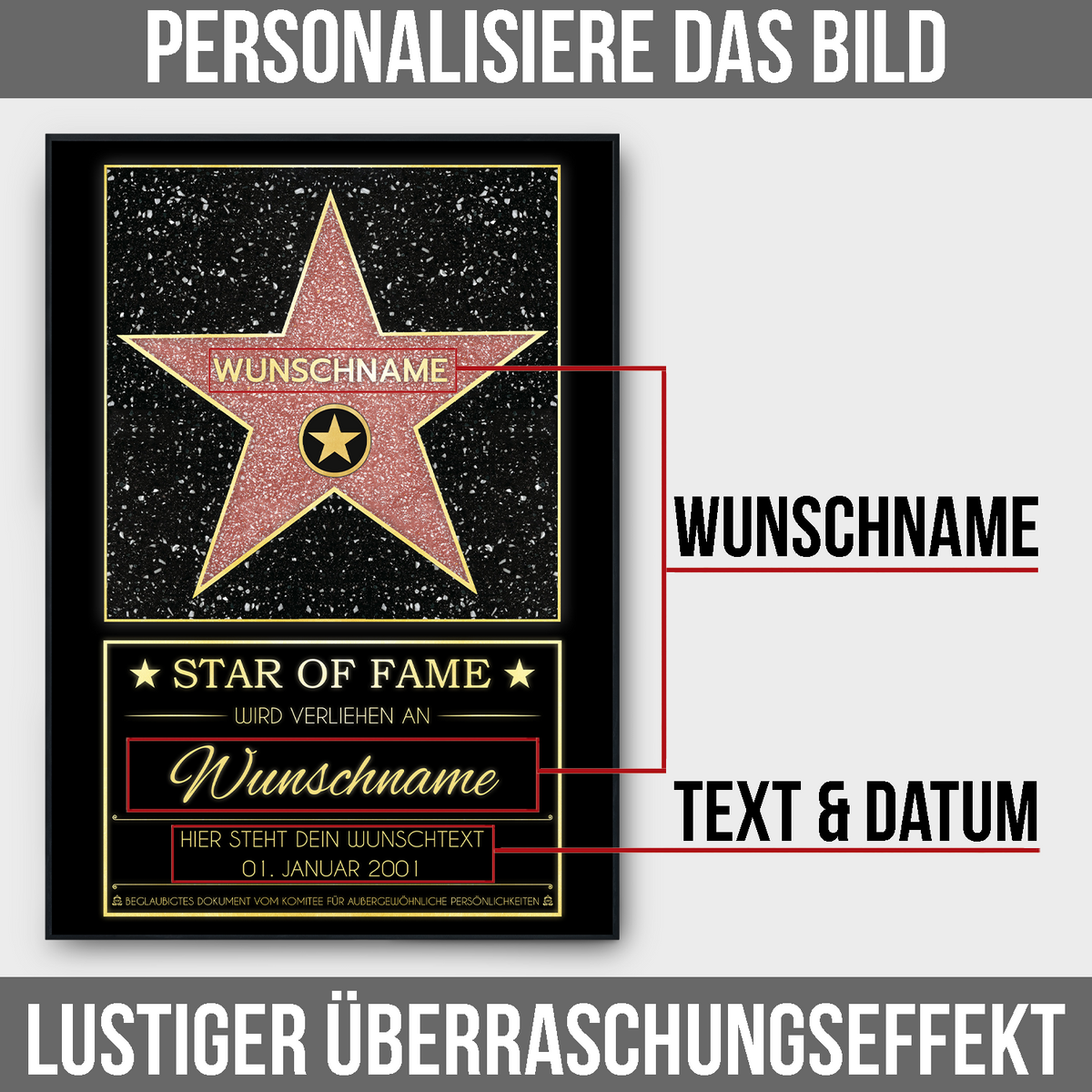 Personalisierte Hollywood Stern Urkunde | Walk of Fame personalisiertes Geschenk Geburtstag Männer Frauen Anerkennung Wertschätzung Andenken