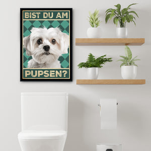Malteser - Bist du am Pupsen? Hunde Poster Badezimmer Gästebad Wandbild Klo Toilette Dekoration Lustiges Gäste-WC Bild DIN A4